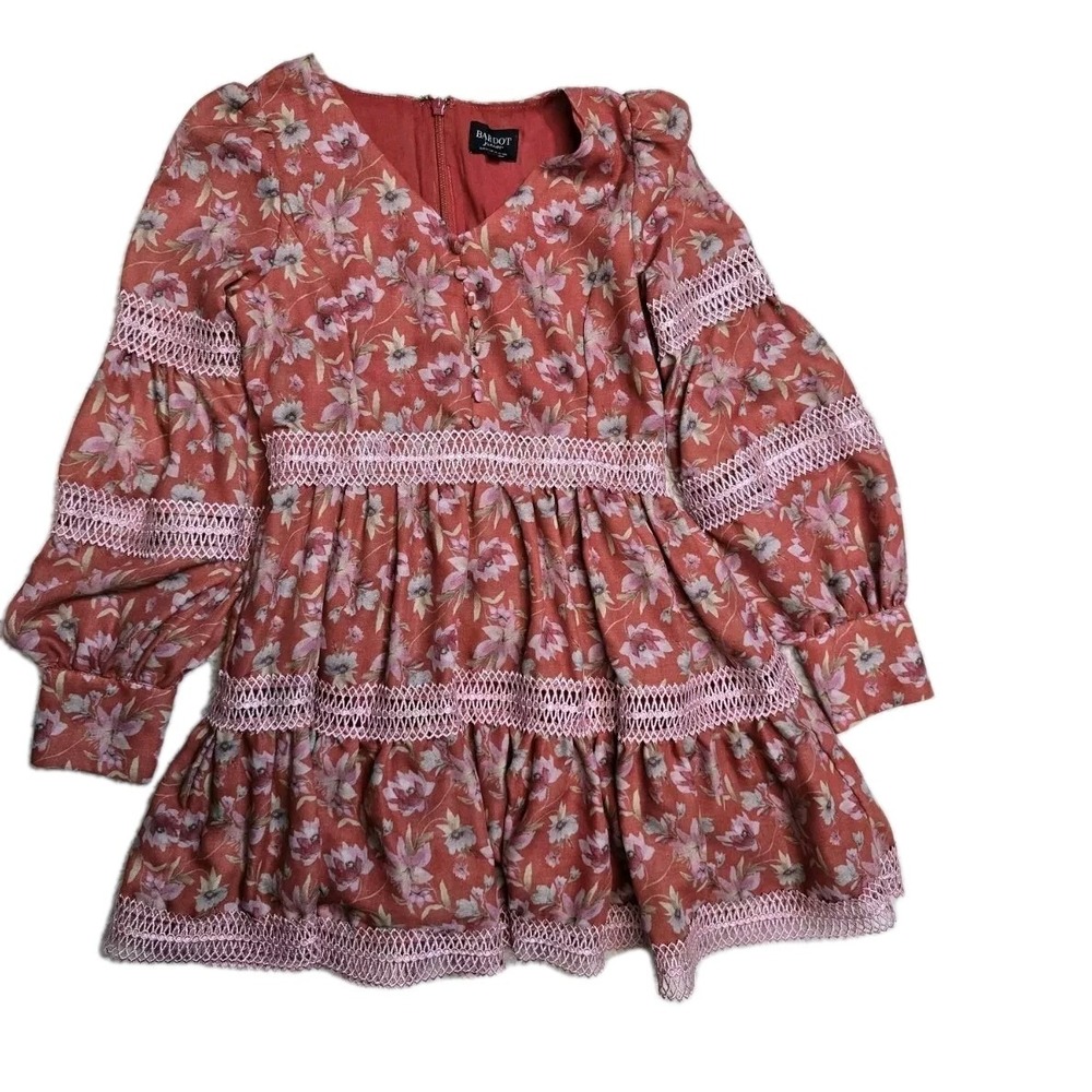 Bardot Junior Girls Carminia Floral Long Sleeved Short Dress Red Pink Size 10